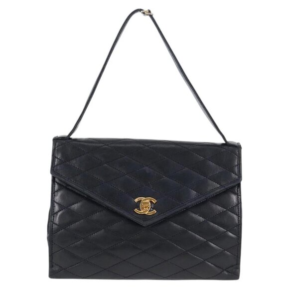 CHANEL Matelasse Hand Bag Lamb Skin Navy Gold - Picture 1 of 16